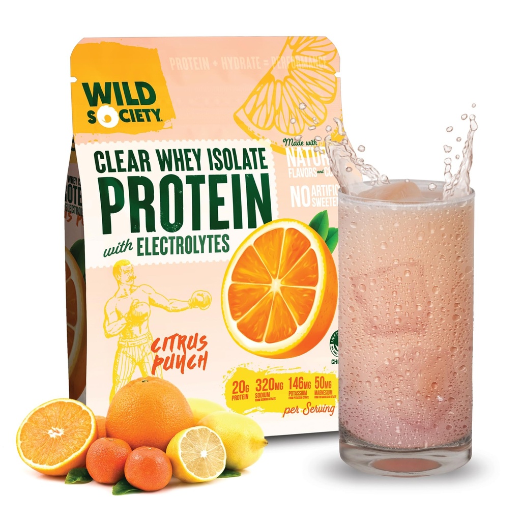 WILD SOCIETY - Clear Whey Protein + Electrolytes - Refreshing Whey Protein Isolate Powder - 20g Protein, 0 Aggiunto Zucchero, GMO-Free, Natural Flavors & Colors - Citrus Punch, 16 oz