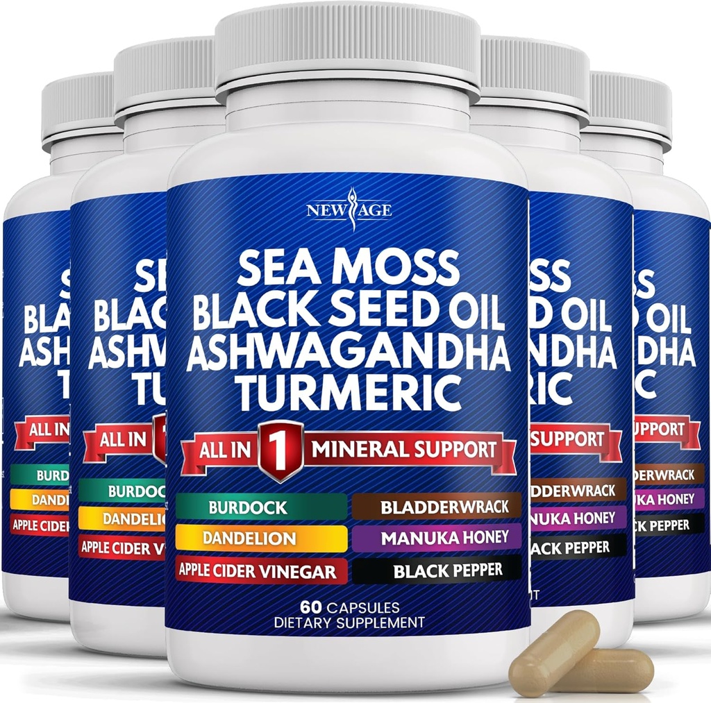 NEW AGE Sea Moss Black Seed Oil Ashwagandha Turmeric Bladderwrack Burdock - con Manuka, Miele Dandelion, ACV Black Pepper Gluten Free