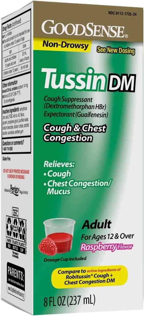 GoodSense Tussin Cough Syrup DM, Raspberry Flavor, Efficace sollievo per tosse e chest Congestion, Thins Mucus, 8 Fl Oz