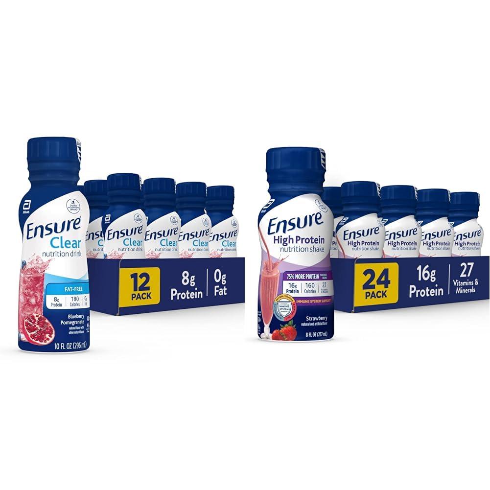 Assicurare Liquid Clear Nutrition Drink, 0g di grasso, 8g di proteine, Blueberry Pomegranate, 10 Fl Oz (Pack of 12), Bottiglia, senza glutine & Assicurare High Protein Strawberry Nutrition Shake, 24 Pack