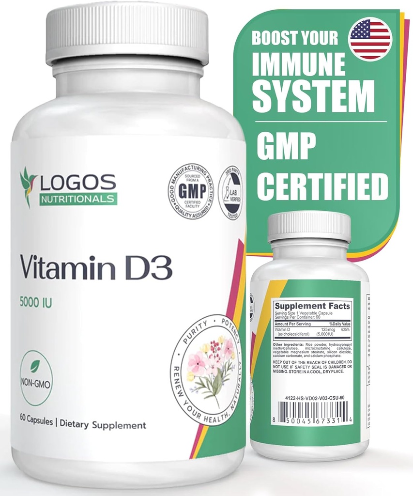 Vitamina D3 Supplemento - Vitamina D-5000 IU - Supporto Bones sano, denti, muscoli, cardiovascolare e funzione immunitaria - Dairy-Free, Soy-Free - 60 capsule