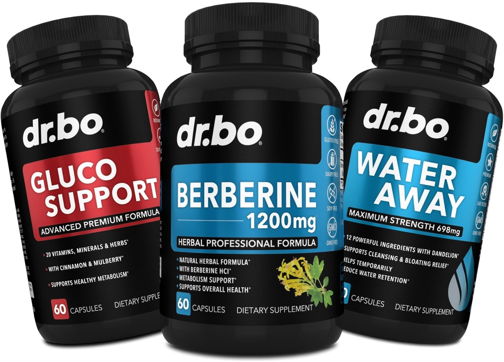 DR. BO Berberina Supplemento Metabolismo Supporto & Pillole Acqua - 1200mg Berberina HCL Supplemento per il supporto metabolico sano - Premium HCL 600mg Per Capsule & Pillole Acqua Retenzione Diuretica