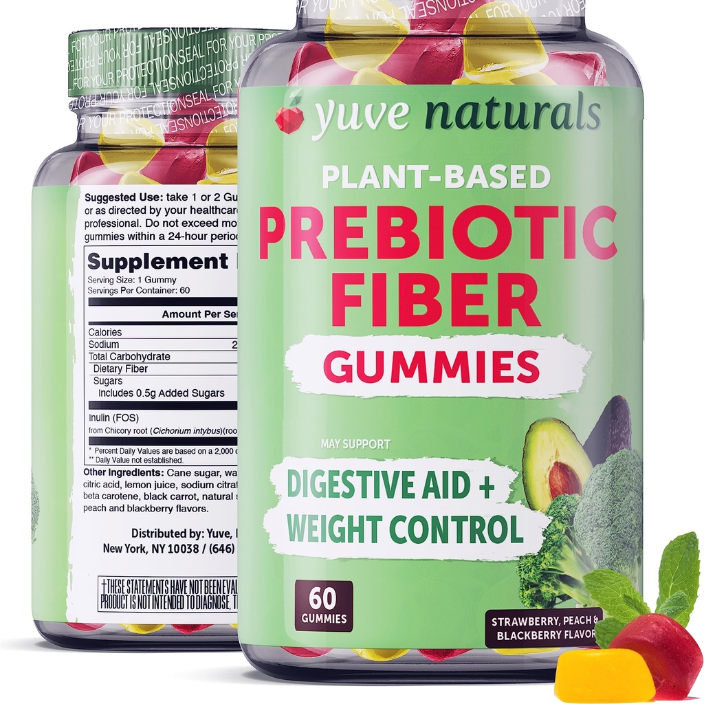 Yuve Prebiotic Fiber Gummies - Delicious - 3g Soluble Fiber Supplement - Supporta la salute e la regolarità digestiva - Vegan & Gluten-Free Fiber Gummies for Adults & Kids - Non-GMO & Low Sugar - 60 Count