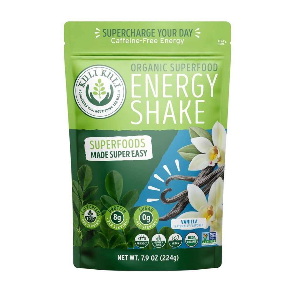 Kuli Kuli Organic Moringa Greens Smoothie Mix - Plant-Based Superfood Protein Smoothie Mix, Vanilla, 7.9 Ounce Pouch, Vegan e Gluten-Free con 8g Pea Protein e 1 Coppa Greens Per Serving