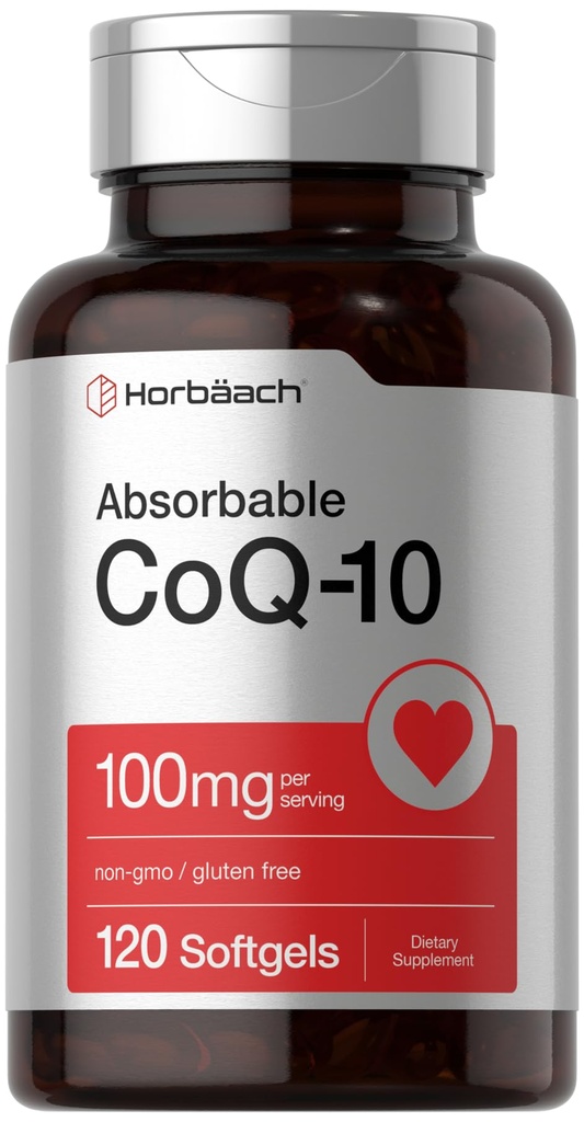 Horbäach CoQ10 100mg Softgels | 120 Count | Non OGM e Gluten Supplemento gratuito