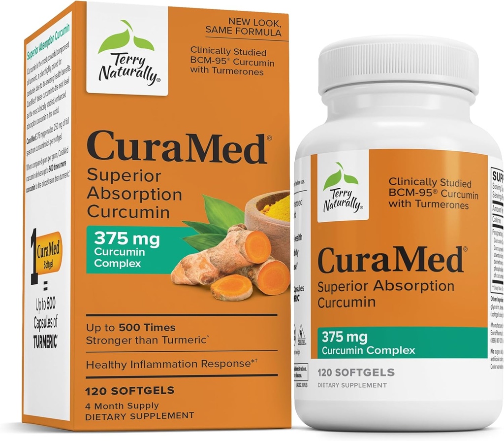 Terry naturalmente curaMed 375mg - Antiossidante supplemento per il cervello e il sostegno della salute immunitaria - Supplemento dietetico con curcumina e olio essenziale curcuma - Herbal Liver Support - 120 Softgels