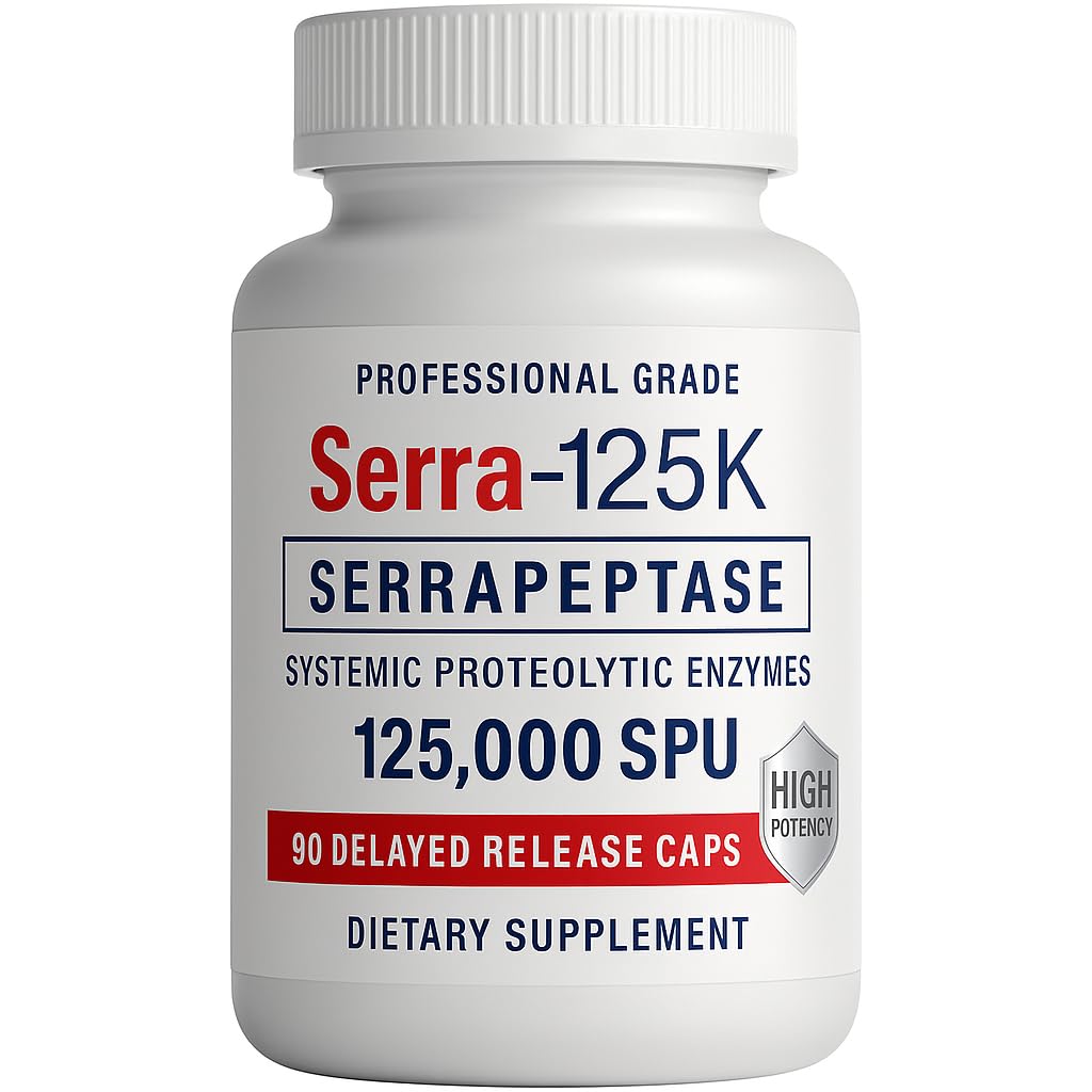 Serra-125k Extra Forza Serrapeptase 125.000 SPU, 90 capsule vegane, rilascio ritardato, enzimi sistemici, Supporti sinistri sani e un sistema immunitario sano, Non-OGM e All-Natural