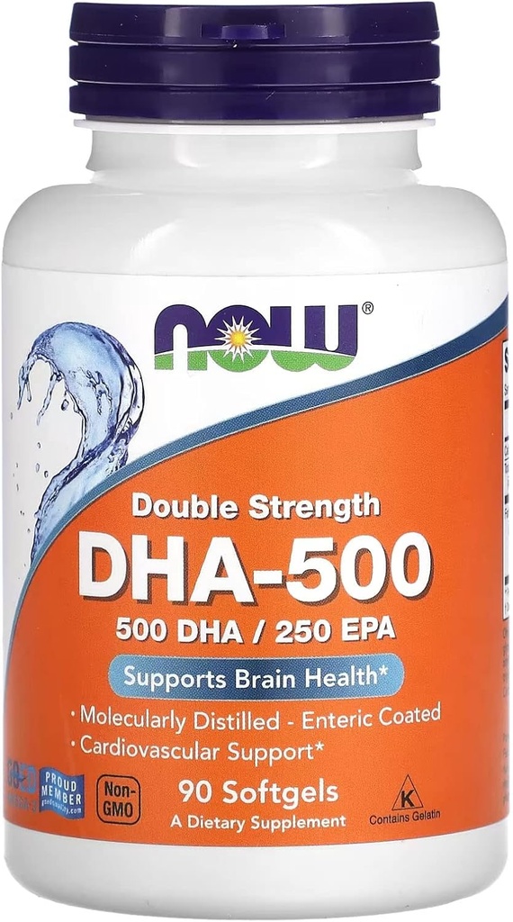 NOW Integratori alimentari, DHA-500 con 250 EPA, Distillato molecolare, Supporta la salute del cervello*, 90 Softgels