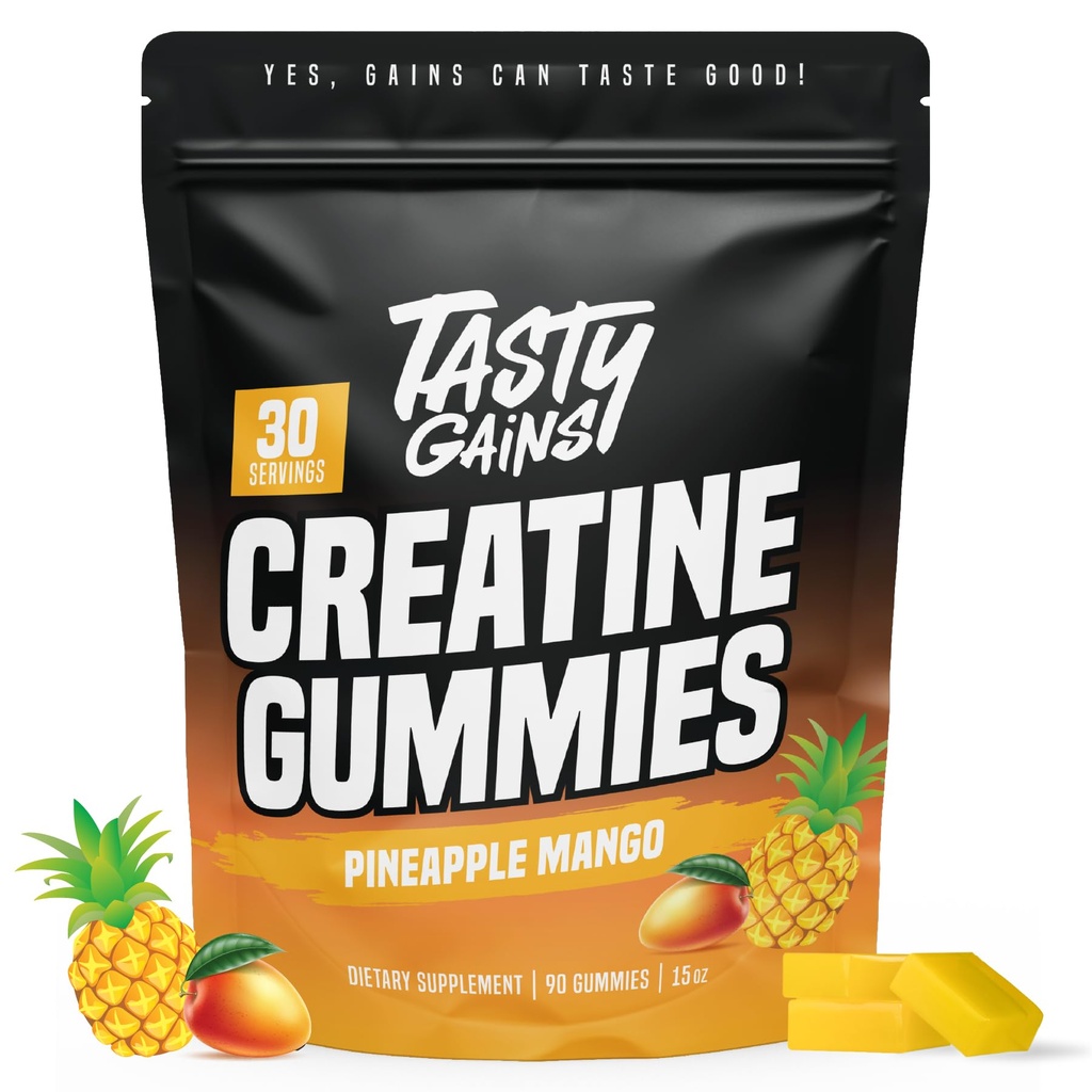 TASTY GAINS Creatine Gummies - 90g di Creatina Monoidrato - Integratori di allenamento - Costruire muscolo & Boost resistenza per gli uomini e le donne - Made in USA - Non OGM - Vegan Friendly (Large, Ananas Mango)