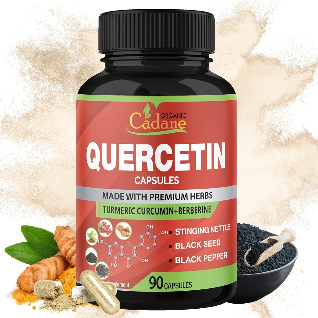 Estratto di Quercetina di Cadane organico, 90capsules, 3 mesi di fornitura con Quercetina, curcumina di curcuma, Berberina, ortica, polvere di seme nero, pepe nero.