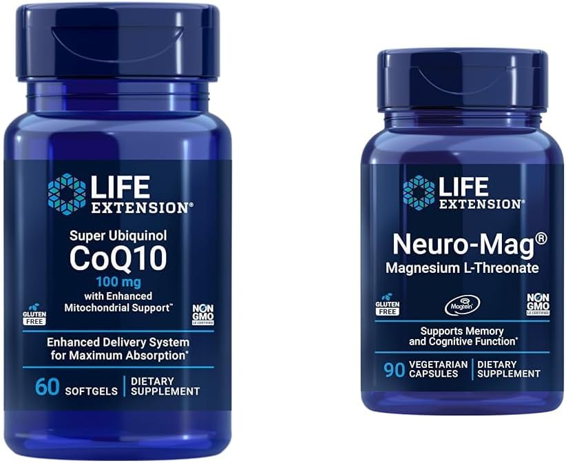 Estensione della vita Super Ubiquinol CoQ10 con il supporto mitocondriale migliorato & Neuro-mag Magnesio L-threonate, Magnesio L-threonate