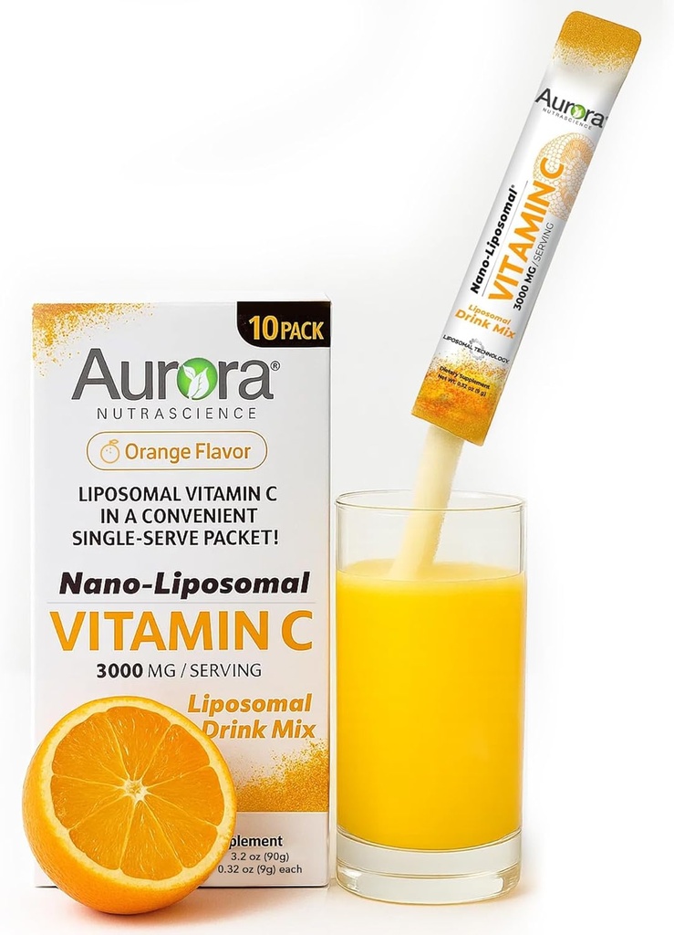 Aurora Nutrascience Nano-Pack Liposomal Vitamin C Powder Drink Mix, Supporto Immune, Alta Forza 3.000 mg Per Serve 10 singoli Packets, Arancione