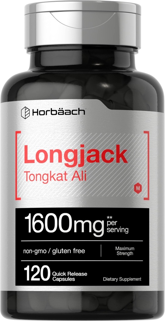 Horbäach Longjack Tongkat Ali per uomini e donne | 1600mg | 120 capsule | Supplemento di estratto | Pillole di massima resistenza | Eurycoma Longifolia | Non OGM e Gluten Free