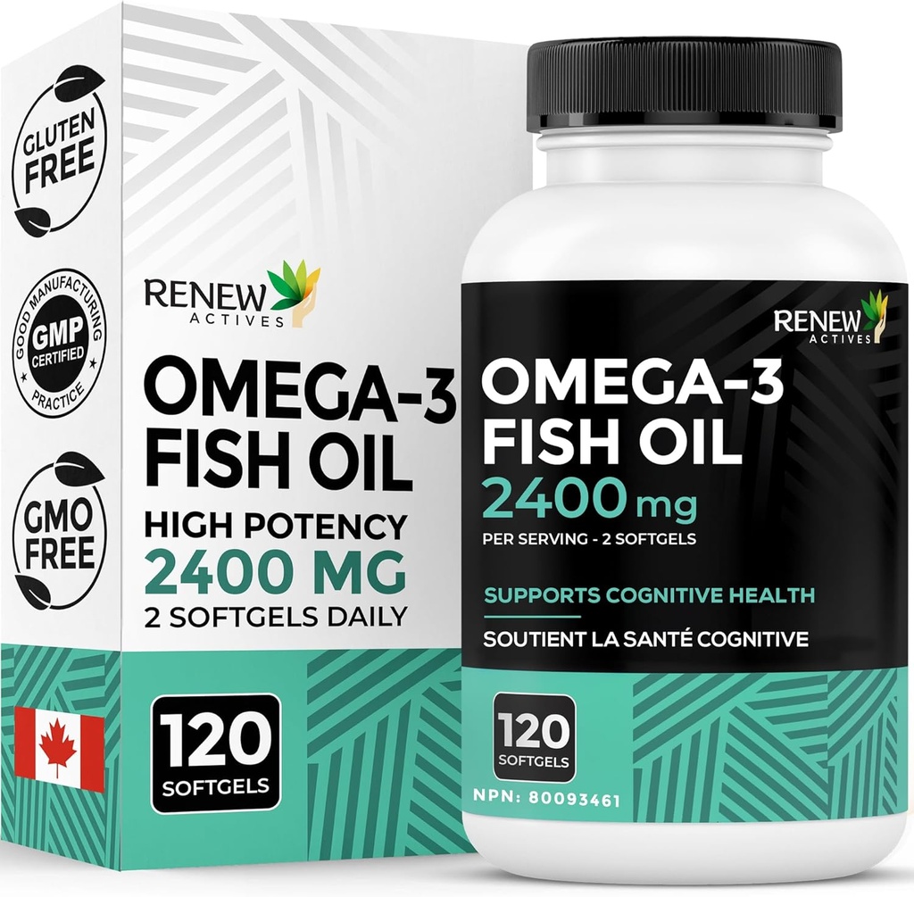 Renew Actives Omega-3 Fish Oil 2400MG per 2 Softgels - 720MG EPA & DHA - Supporta cuore, cervello, salute degli occhi, & Trigliceride Riduzione - No Fishy Aftertaste - Made in Canada - 120 Softgels
