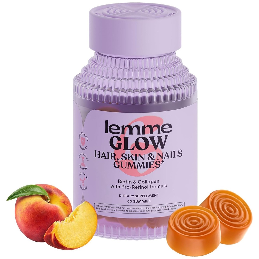 Lemme Glow Collagen Gummies per capelli spessi, unghie forti e pelle sana con Peptidi multi-colonna, biotina, minerali di trace, zinco, vitamine A, C & E, Latticini & Gluten Free, Peach Flavor, 60 ct.
