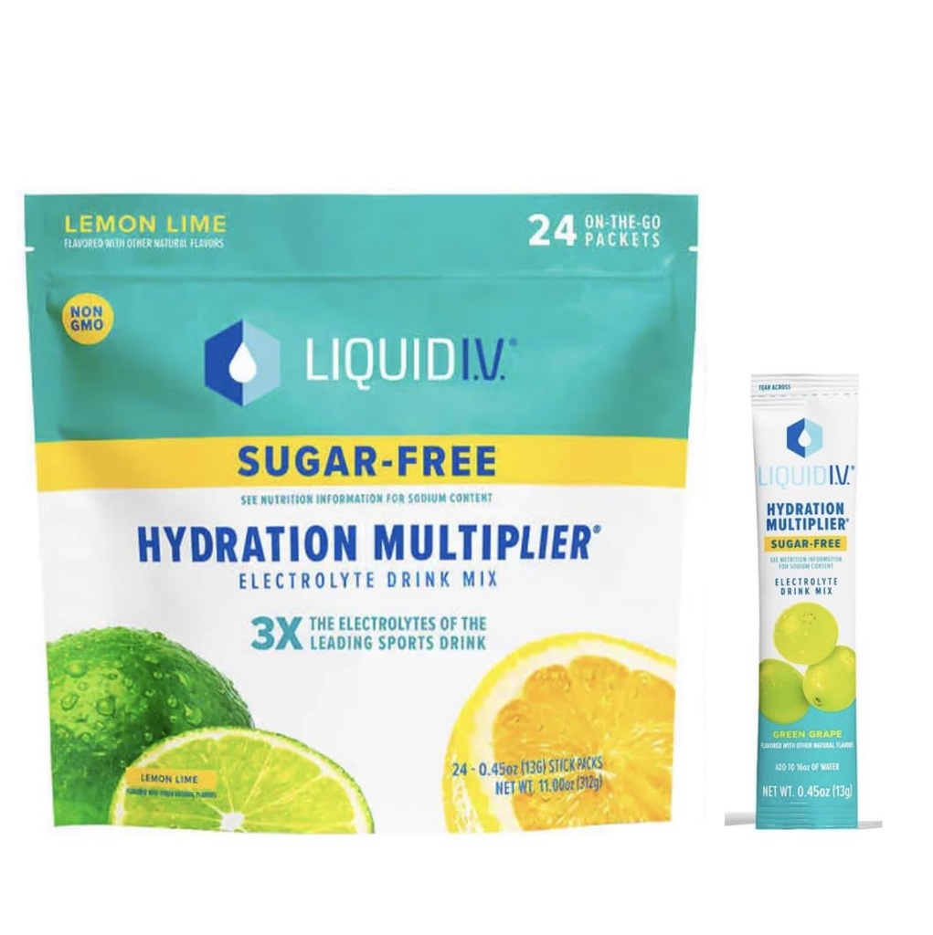 Liquido I.V. Multiplier di idratazione senza zucchero - Lime di limone – Imballaggio della polvere di idratazione, Miscela di bevanda di elettrolita, Bastone di facile apertura non-OGM 24 Sticks + 1-0.45 verde uva senza zucchero