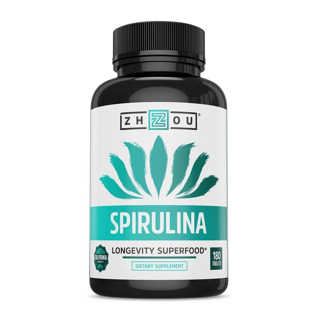 Zhou Spirulina Tablets - Pillole Spirulina, Greens Superfood Supplemento con Chlorophyll & Blue Spirulina Powder Cognitive & Immune Support, Pure Premium Formula - 180 compresse