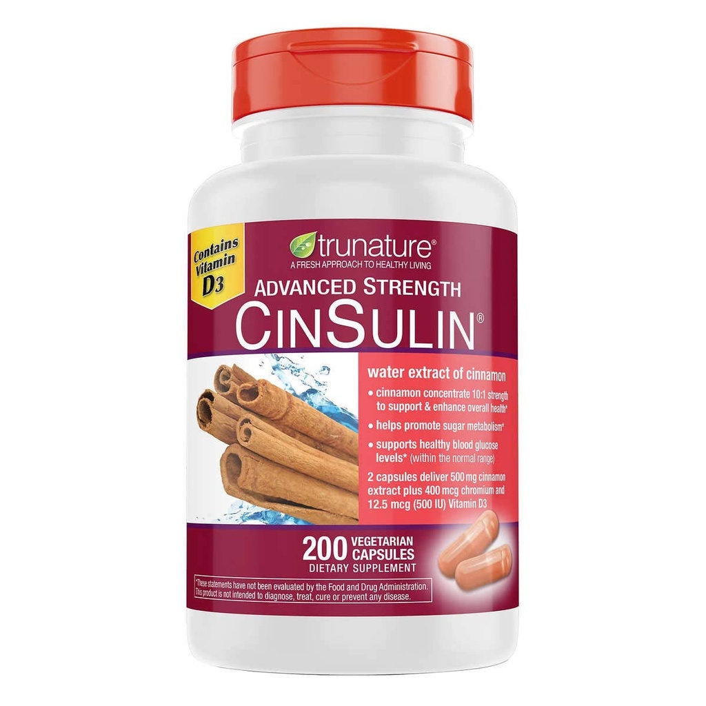 Trunature Advanced Strength CinSulin 500mg., 200 Capsule Vegetariani (2 Confezione)