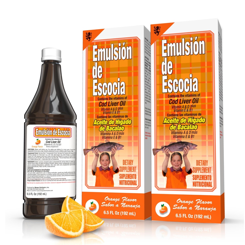 Emulsión de Escocia Cod Liver Oil Complex con Vitamine A, D, E, B1 - Natural Orange Flavor Integratore alimentare per Supporto Immune & Bone Salute - Essential Omega 3 Fish Oil - 6.5 oz (2-Pack)