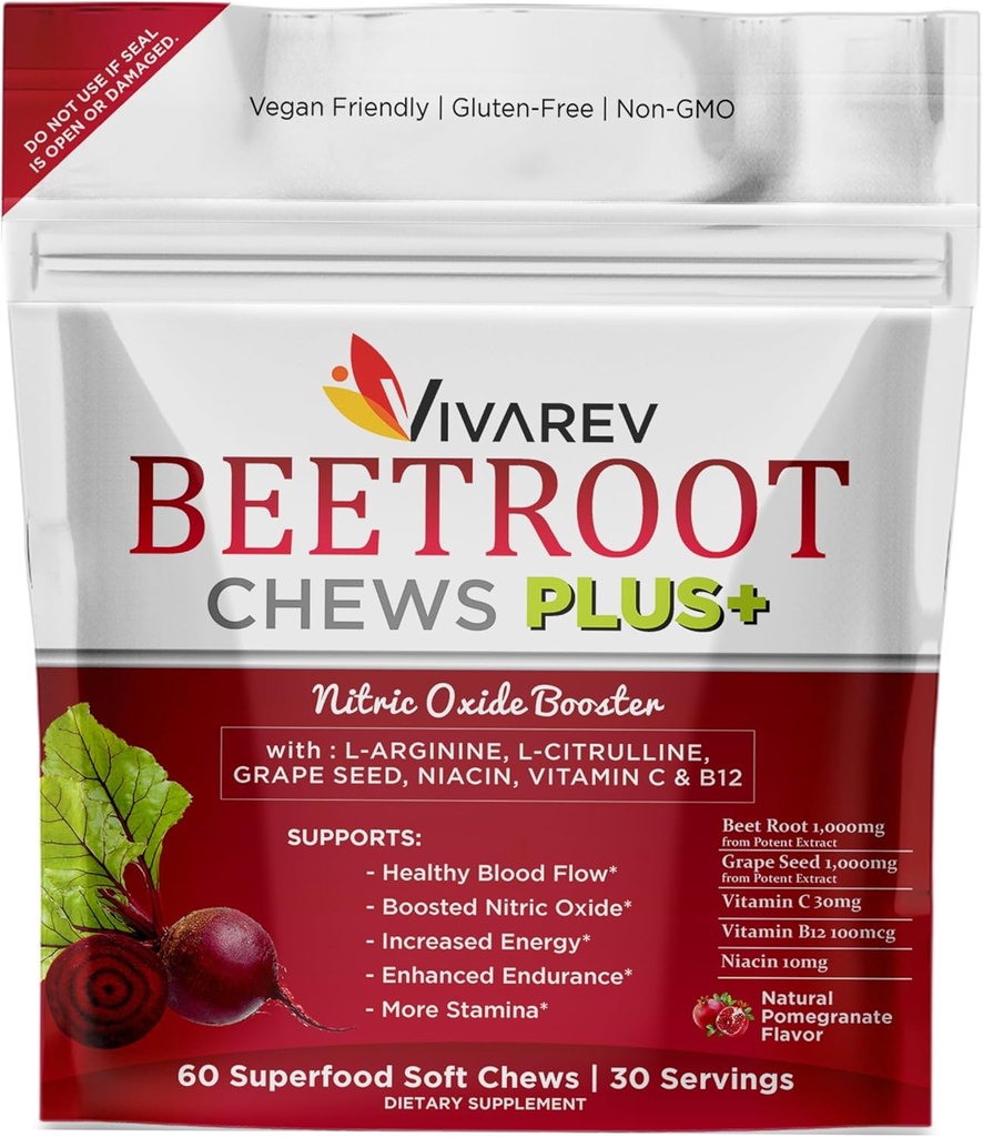 Beetroot Nitric Oxide Supplement - 1000mg Beet Powder with L Arginine, L Citrulline, Seed Extract, Niacin, Vitamina C & B12 - Beet Chews - Confezione da 60