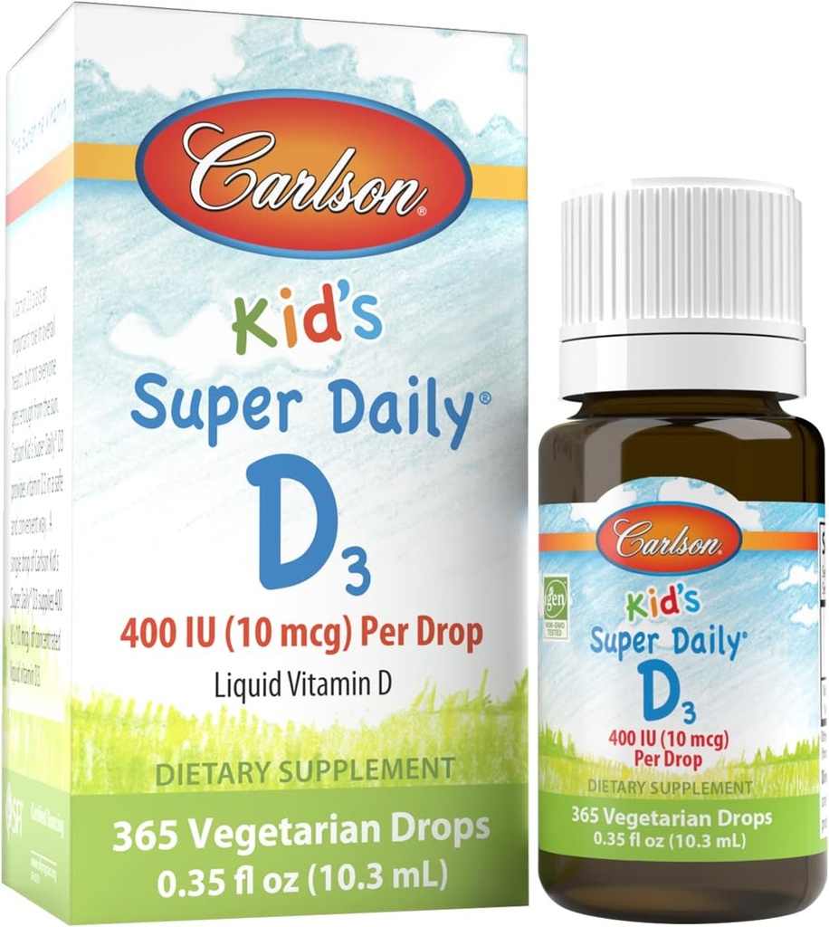 Carlson - Super Daily D3, Gocce di vitamina D per bambini, 400 UI (10 mcg) per goccia, salute del cuore, supporto immunitario, vegetariano, gocce di vitamina D liquido, non aromatizzate, 365 gocce