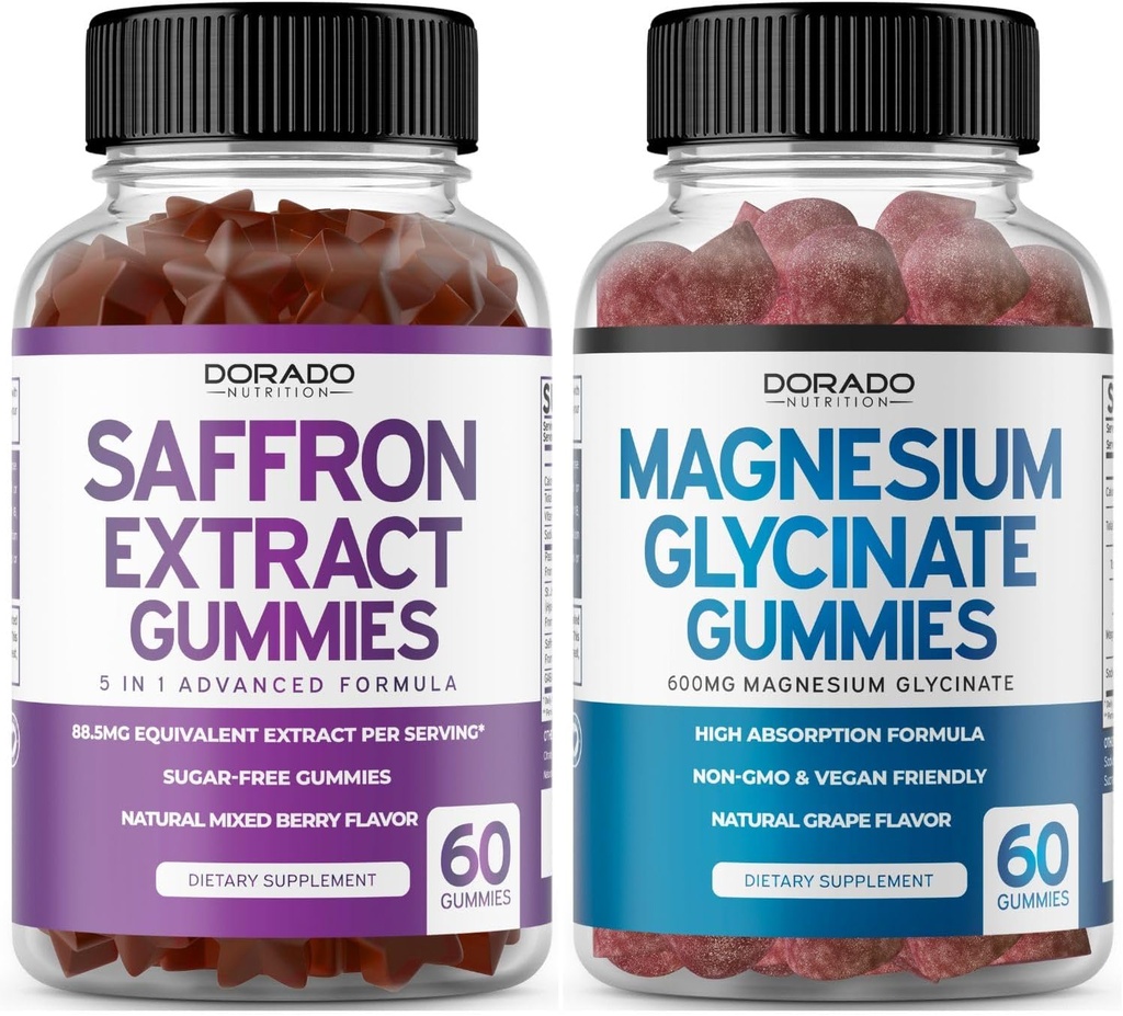 Saffron Supplements (60 Gummies) 5 in 1 Advanced Formula Sugar Free Gummy - Delicious Raspberry Flavor and Magnesium Glycinate (60 Count) Gummy Pure Glycinate per adulti - Non OGM, Vegan & USA Made
