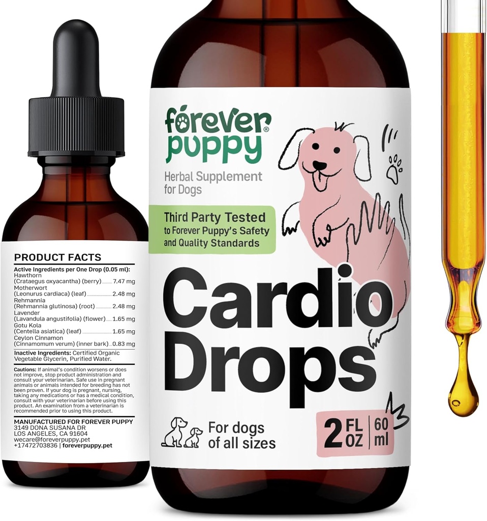 Forever Puppy Cardio Gocce per cani - Hawthorn Berry & Motherwort Herb - Supplemento antiossidante liquido con Gotu Kola Foglie & Lavender Extract - 2 fl oz