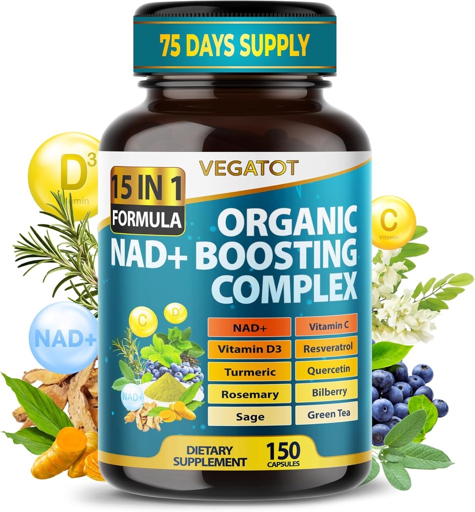 VEGATOT NAD+ Boosting Complex - NAD Integratori per Donne & Uomini Formula 15-in-1 con Resveratrolo Turmeric Quercetin Rosemary Bilberry Sage Green Tea