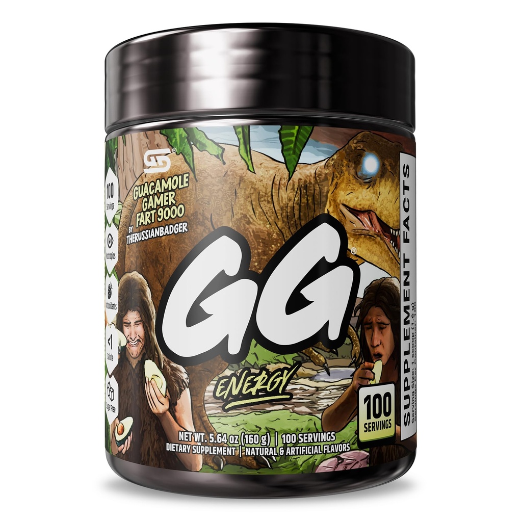 GG® Energy - Guacamole Gamer Fart 9000 di TheRussianBadger (100 Serve) - Keto Friendly Gaming Energy e Nootropic Blend, Sugar Free + Organic Caffeine + Vitamine, Powder Drink