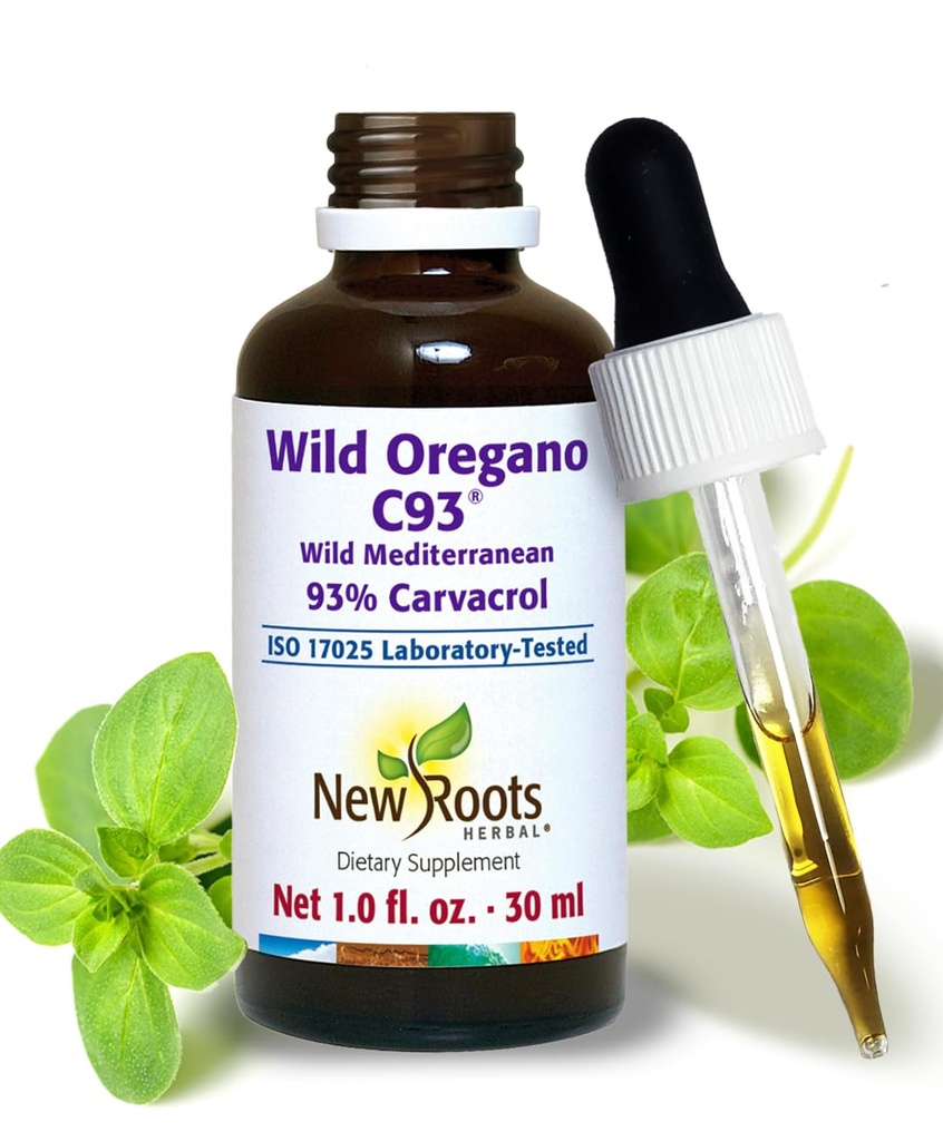 Nuova radice | Gocce di olio di origano selvatici con 93% Carvacrol (1 fl oz) Olio organico di origano estratto (547 Serve) | Concentrazione massima, Non OGM, Vegan, Senza glutine