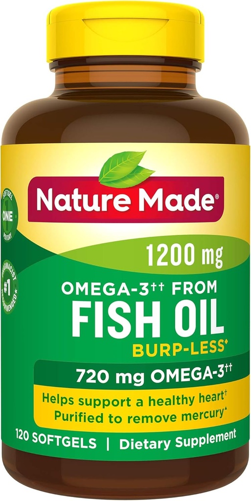 Burp-Less Fish Oil 1200 mg uno al giorno, 120 Softgels, Fish Oil Omega 3 supplemento per la salute del cuore