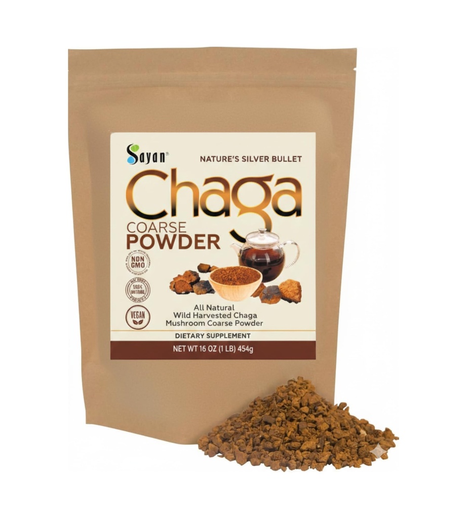 Sayan Siberian Pure Raw Coarse Chaga Powder 1lb / 454g – Premium Wild Forest Harvested Super Antioxidant Tea – Supporta il sistema immunitario e la salute digestiva – Focus, Energy, Clarity, Wellness - Non OGM