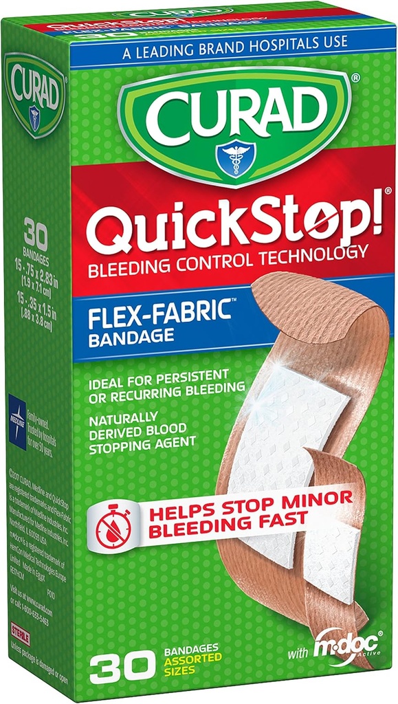 CURAD QuickStop Bleeding Control Flessibile Bandages tessuto, Taglie assortite, 30 Conte