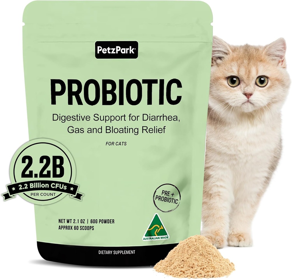 Probiotico per gatti e gattini - Polvere probiotica del gatto per la prevenzione della palla di capelli, supporto digestivo, salute immunitaria, prebiotici e sollievo dalla diarrea - adatto per gatti e gattini interni - 60 Scoops