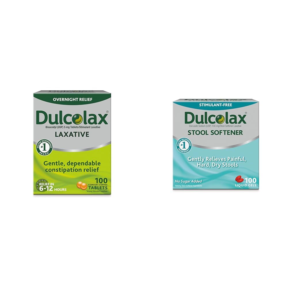 Dulcolax Stimulant Laxative Tablets (100 Conte) Gentle Overnight Constipation Relief, Bisacodyl 5mg & Stool Softener Laxative Liquid Gel Capsules (100ct) per Gentle Relief, Docusate Sodium 100mg