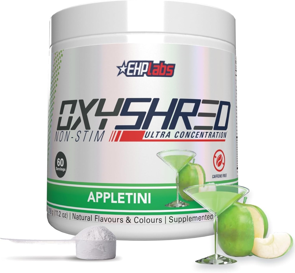 EHP Labs OxyShred Non Stimulant Pre Workout Polvere - Stim Free Pre Workout, Caffeina Free Preworkout per Uomini & Donne con L Glutamina & Acetyl L Carnitina - Mela, 60 Servings