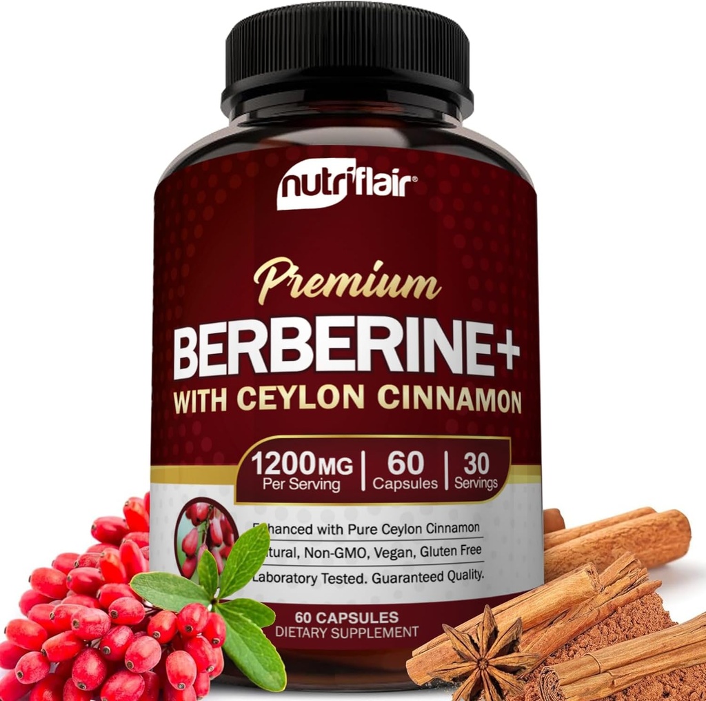 NutriFlair Premium Berberina HCL 1200mg, 60 capsule - Plus Pure True Ceylon Cinnamon, Integratori Pillole, Supporto del sistema immunitario
