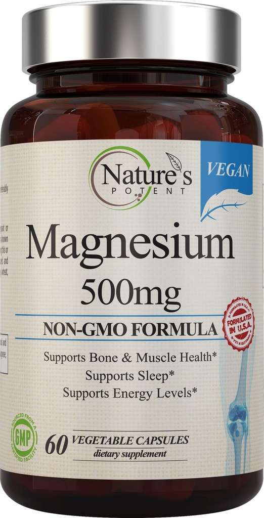 Integratori di Magnesio Potenti della Natura | Citrato di Magnesio & Magnesio Ossido 500mg | Integratore di Magnesio Vegano per Donne & Uomini | Magnesio USA Made Magnesio per il sostegno al sonno - 60 capsule di verdure