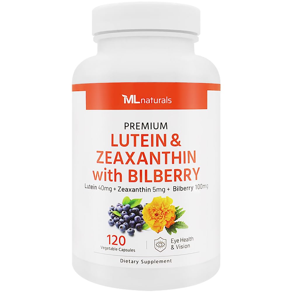 ML Naturals Premium Lutein & Zeaxanthin con Bilberry 120 capsule vegetali. Lutein 40 mg, Zeaxanthin 5 mg, e Bilberry 100 mg. Qualità Premium. Occhi e visione sani, NSF-Certified & cGMP-Compliant