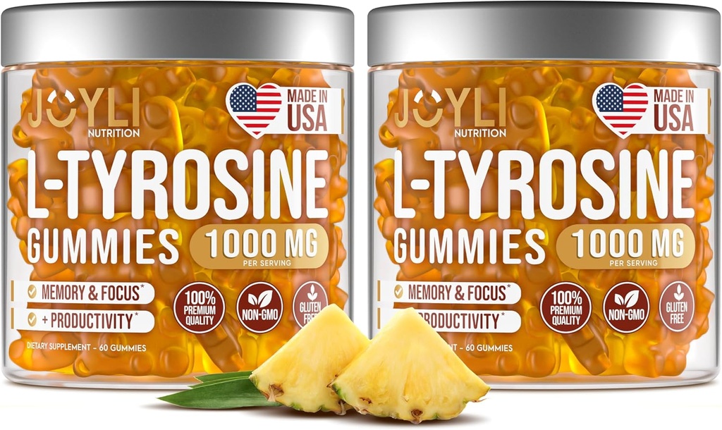 2 Pack - JOYLI L-Tyrosine Gummies 1000MG – Integratore di concentramento vegano senza zucchero & Supporto per bambini e adulti – 500mg per pancia – Gommie per sonno per memoria, energia & benessere – 60 Pcs per confezione