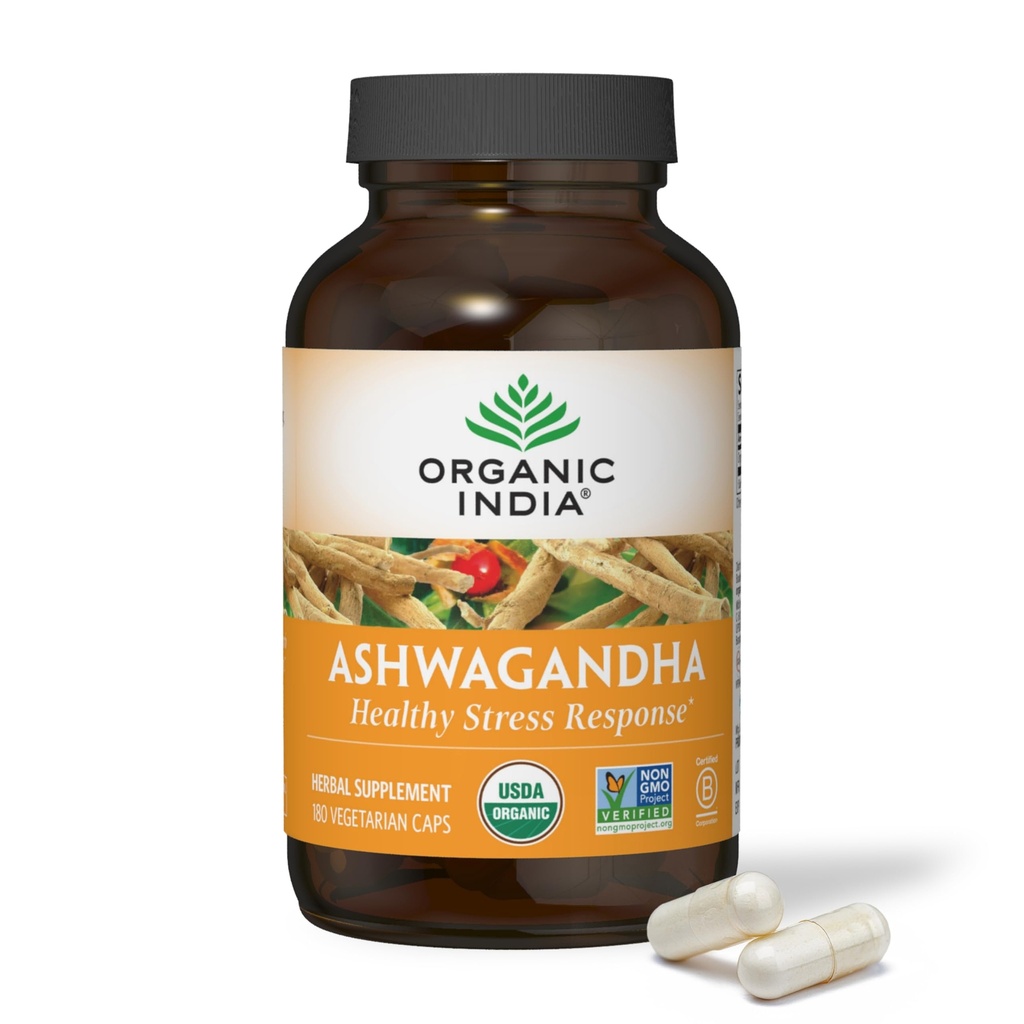ORGANIC INDIA Ashwagandha Capsule - Organic Ashwagandha Supplemento - Vegan Ashwagandha Root, Gluten-Free, Kosher, Non OGM, Supports Stress Relief, Energy, and Sleep - 180 Capsule