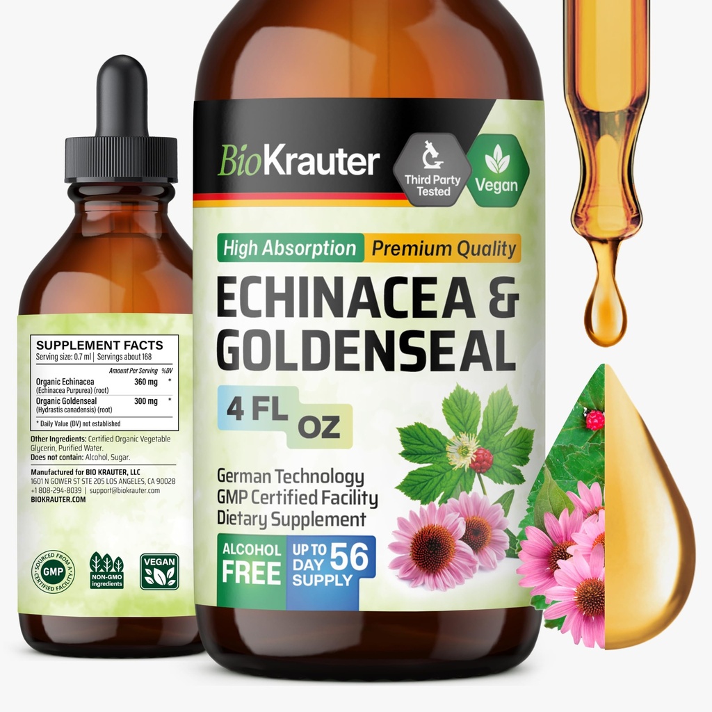 BIO KRAUTER Echinacea e Goldenseal Root Liquid Extract - Natural Immune Support - Echinacea Drops with Goldenseal - Vegan, Alcol & Sugar Free Tincture - 4 Fl.Oz.