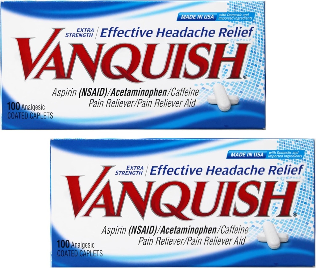 Rilievo Vanquish Extra Strength Headache e Dolore, con Acetaminophen, Aspirina e Caffeina | Digital Eye Strain | 100 Count, Confezione da 2