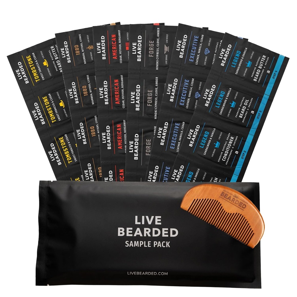 Cuscinetto vivo olio e burro Grooming Kit Sample Pack con Comb, Bonus Gift - All-Natural Ingredienti Shea, Argan, Jojoba - Supporto per la crescita - Made in Italy