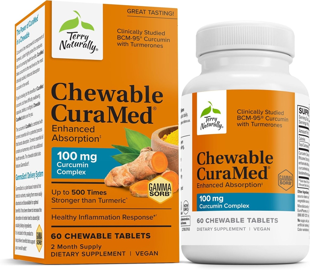 Terry Naturally CuraMed 100 mg Curcumin Complex - Integratore di curcumina di assorbimento potenziato con Turmerico - Integratore di supporto per la salute del cervello e del fegato - Integratore alimentare vegano - Tavole da 60 masticabili