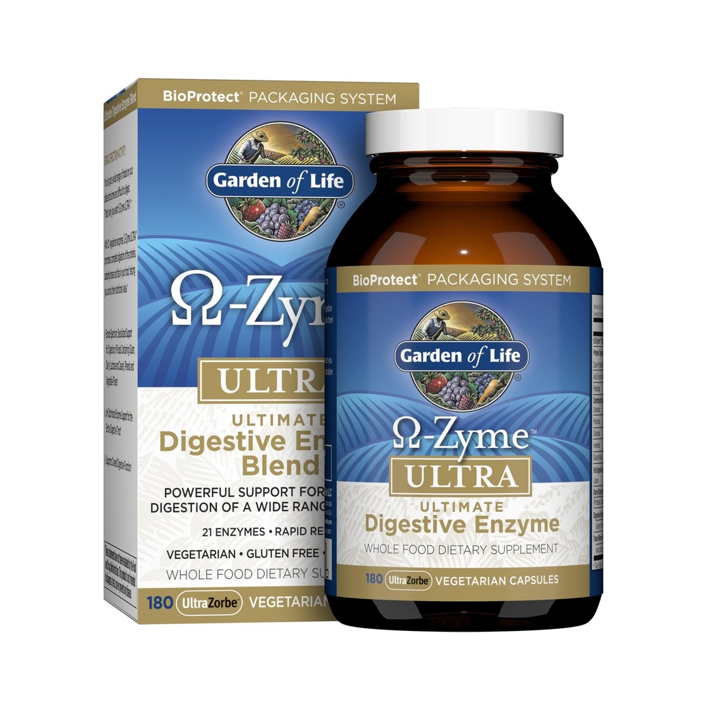 Giardino della vita 21 Enzimi potenti digestivi con Papain, Bromelain, Lipasi, Ginger, Turco per la digestione completa di proteine, carboidrati e grassi – Omega-Zyme ULTRA, senza glutine, vegetariano, 180 capsule