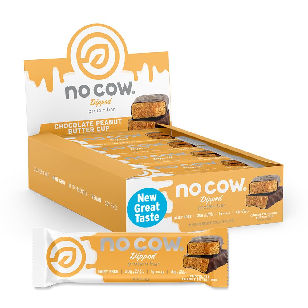 No Cow Vegan Protein Bars, Tazza di burro di arachidi potenziata | 20g Proteine basate sulle piante, Senza glutine, Latticini Free, Soy Free, Keto Friendly, Basso zucchero, Barre di snack ad alta fibra | Confezione di 12