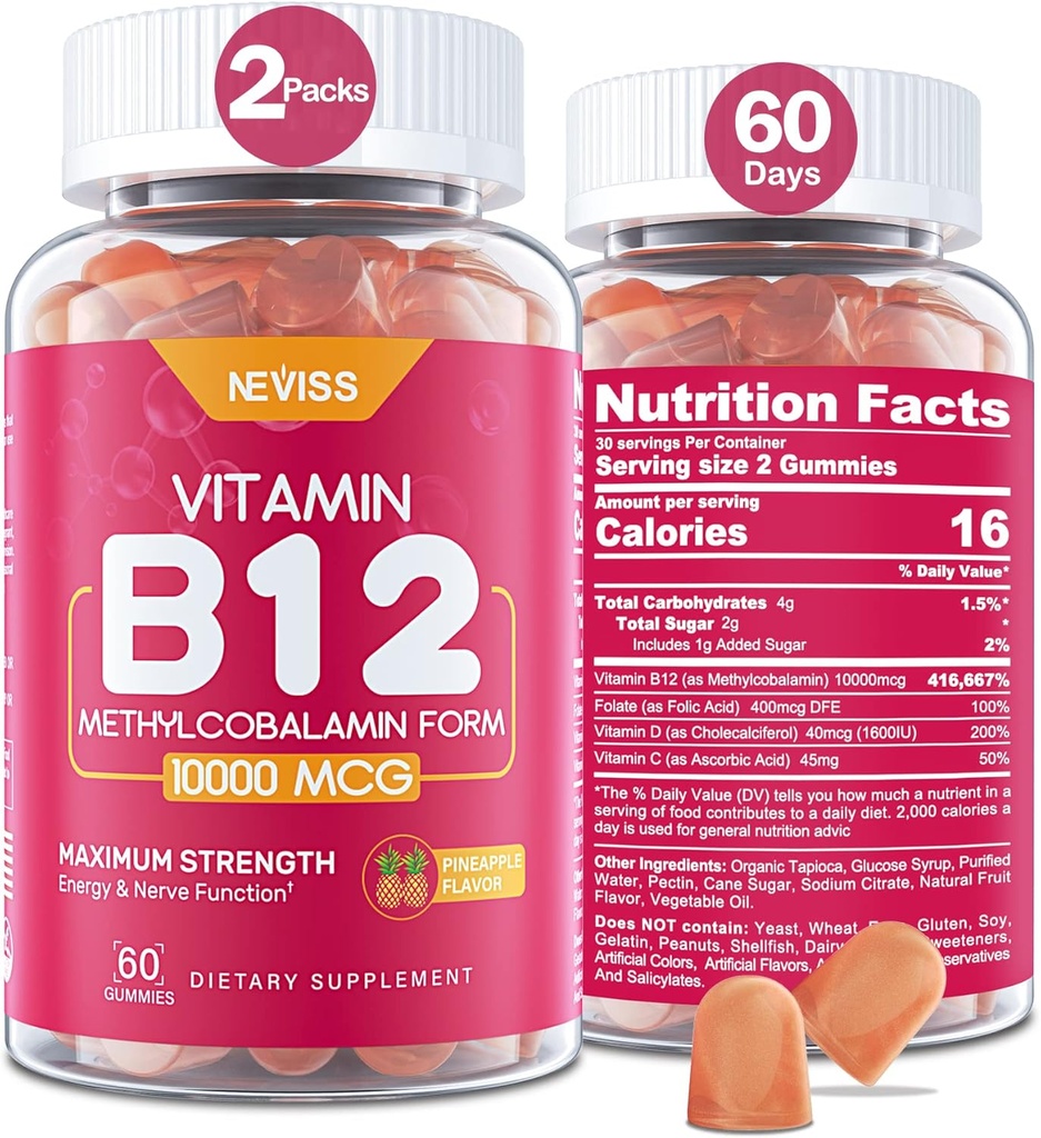 NEVISS Vitamina B12 10000 mcg (metil B12) Gummies con vitamina D3, B9 Vitamin Folate, Vitamina C, per l'energia Boost & Metabolismo, Sistema nervoso, Forte Bone, Supporto immunitario, Basso zucchero, 120 Conte