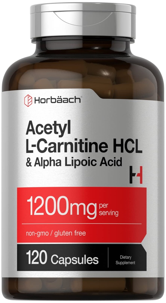 Horbäach Acetyl L Carnitina HCL & Alpha Lipoic Acid 1200mg | 120 capsule | ALC ALA Complex | Non-GMO & Gluten Supplemento gratuito
