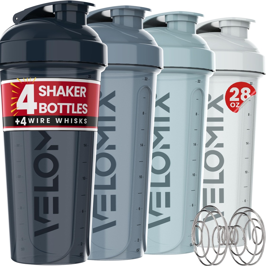 VELOMIX -4 PACK 28 Oz Protein Shaker Bottiglia per miscele proteiche - 4x Wire Whisk | Leak Proof Shaker Cup per Protein Shakes | Protein Shaker Bottiglia Pack | Protein Shake Cup (Aqua Depths)
